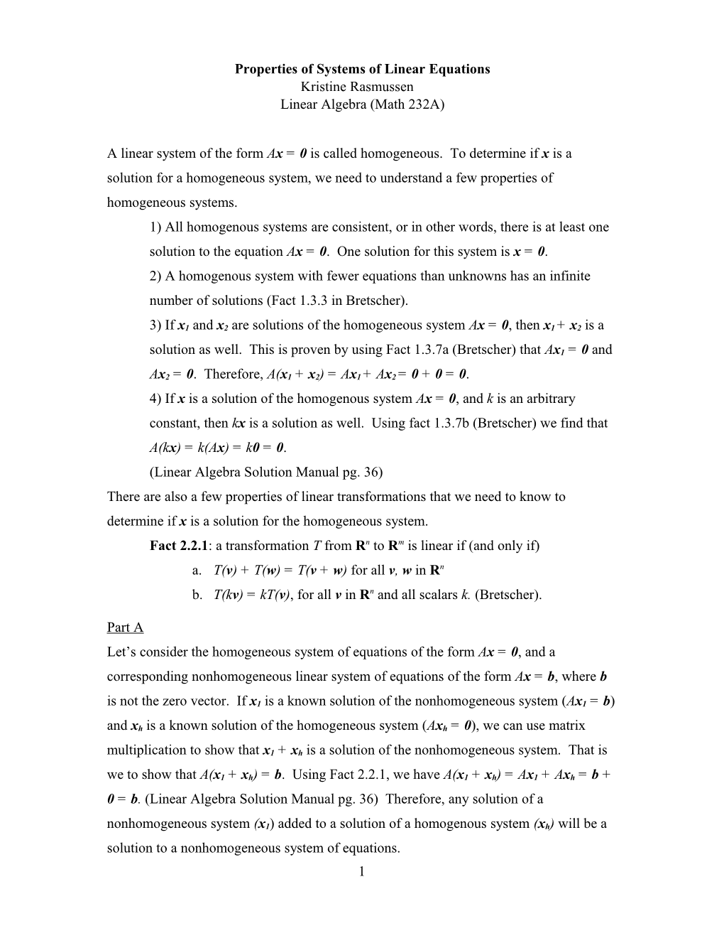 Properties of Homogeneous Systems of Linear Equations