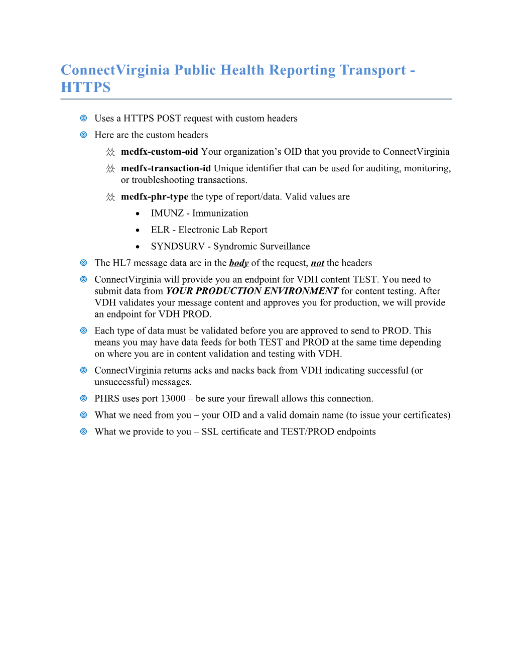 Connectvirginia Public Health Reporting Transport - HTTPS