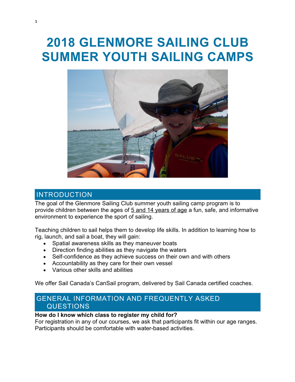 2018 GLENMORE SAILING CLUB Summer Youth Sailing Camps