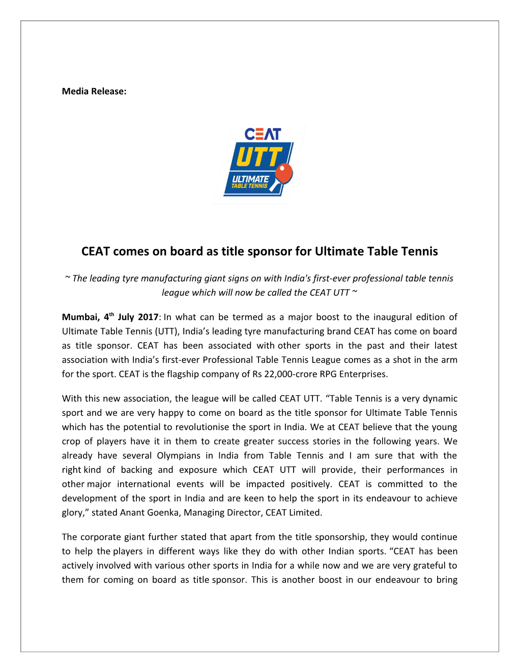 CEAT Comes on Board As Title Sponsor for Ultimate Table Tennis