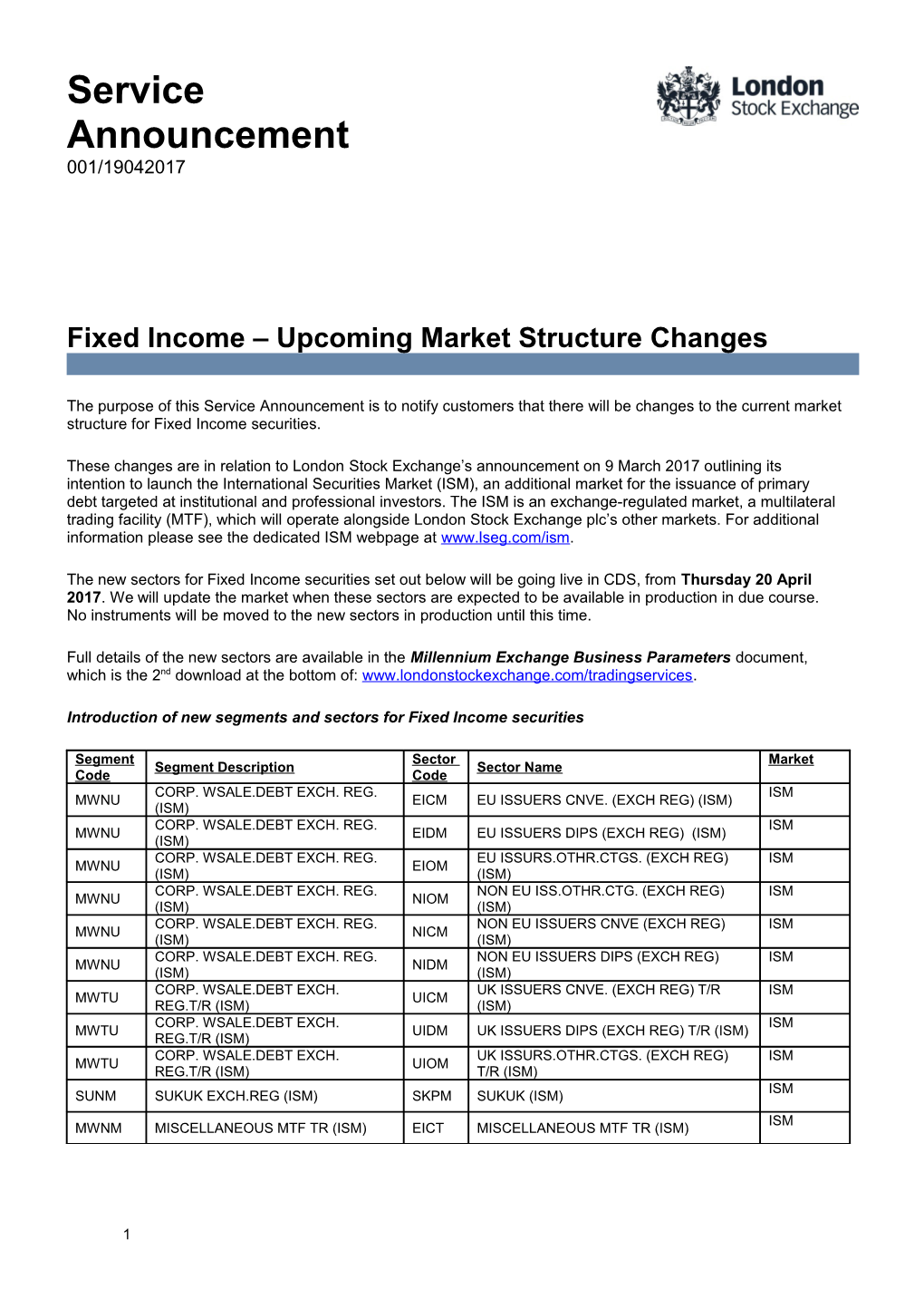 Introduction of New Segments and Sectors for Fixed Income Securities