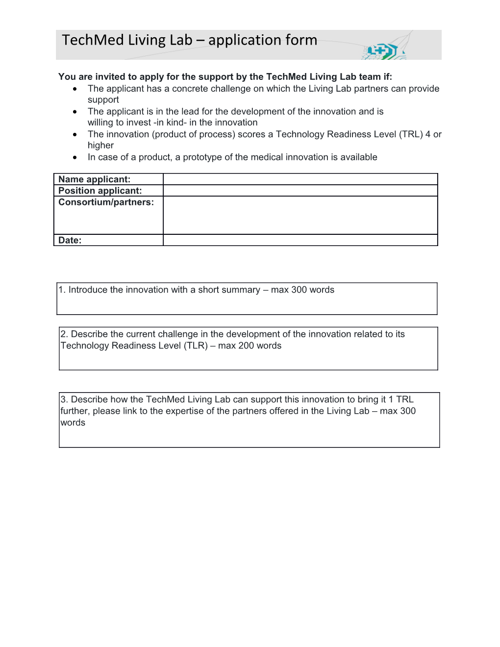 Techmed Living Lab Application Form