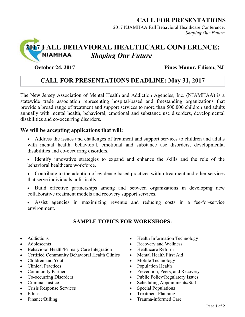 2017 NJAMHAA Fall Behavioral Healthcare Conference