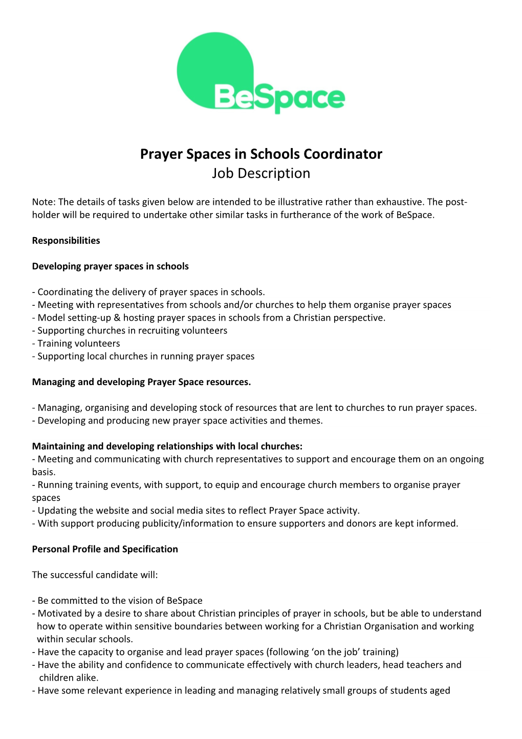 Prayer Spaces in Schools Coordinator