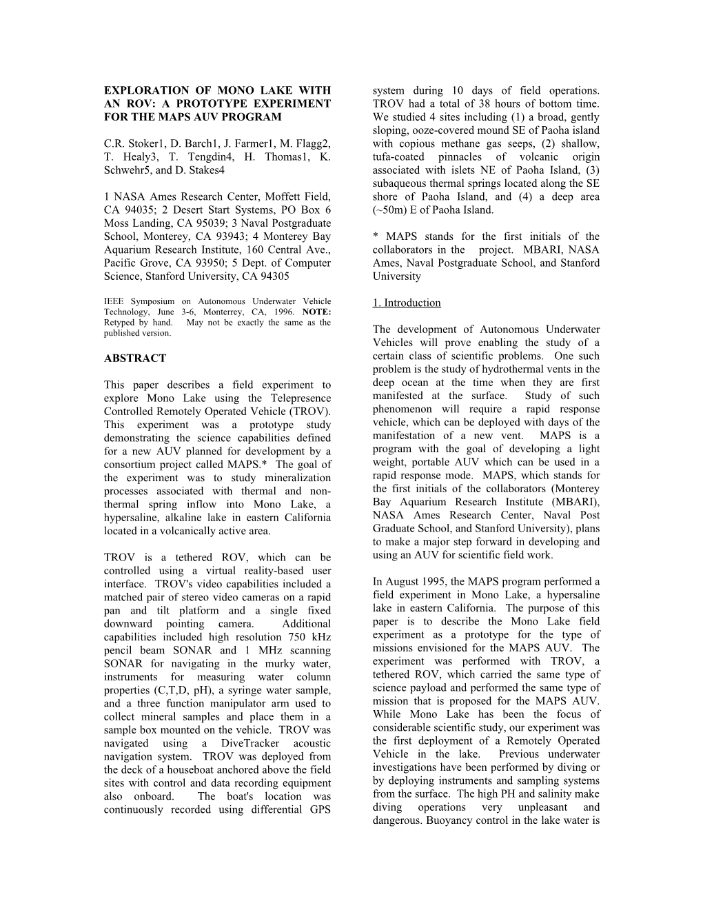 IEEE Symposium on Autonomous Underwater Vehicle Technology, June 3-6, Monterrey, CA, 1996