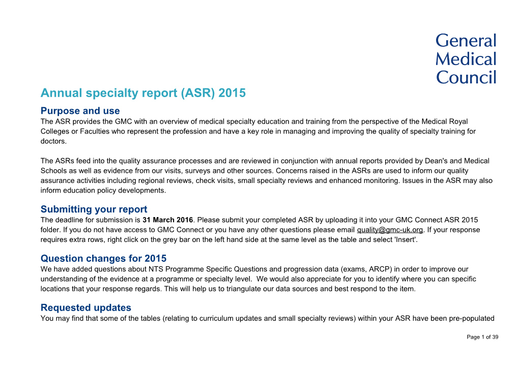 Annual Specialty Report (ASR) 2015