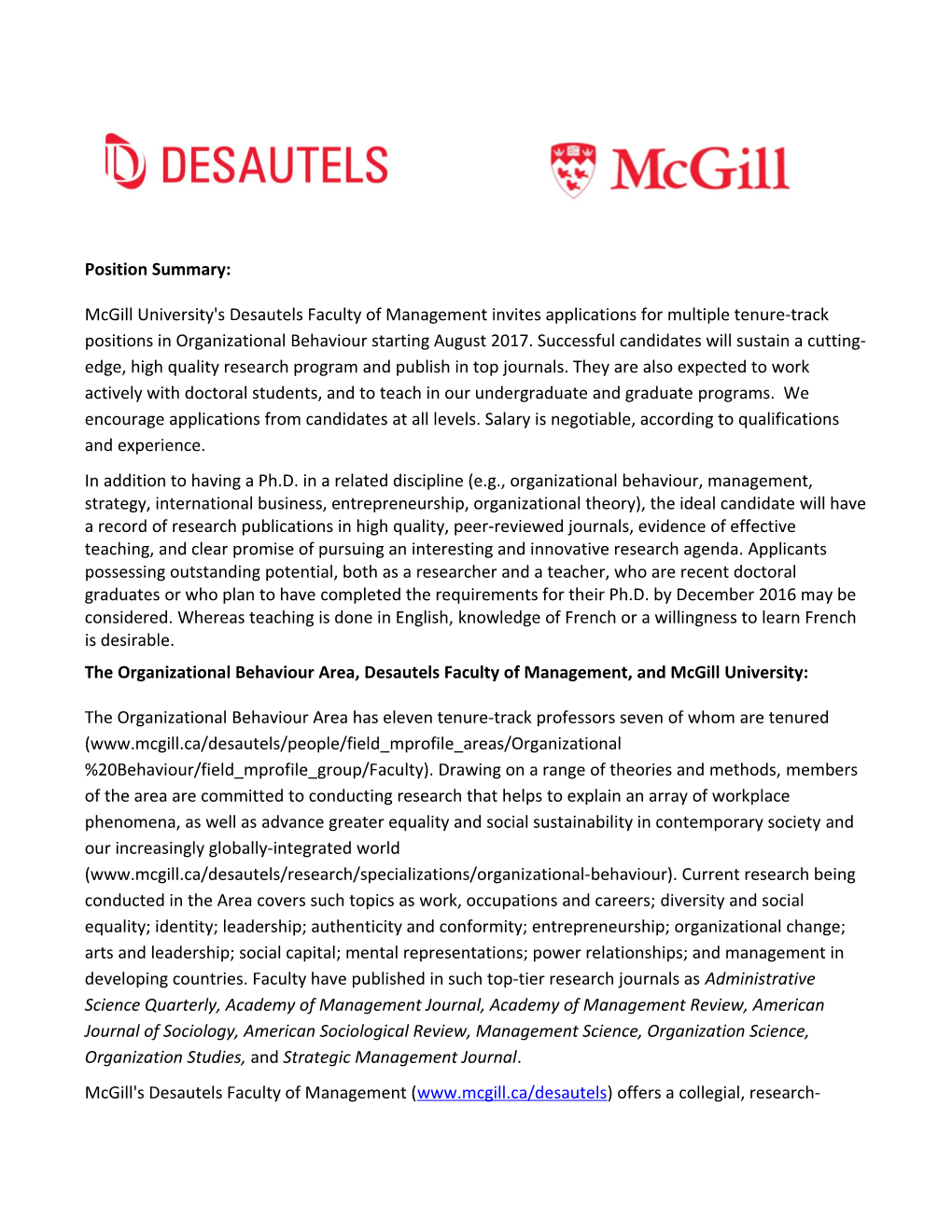 The Organizational Behaviour Area, Desautels Faculty of Management, and Mcgill University