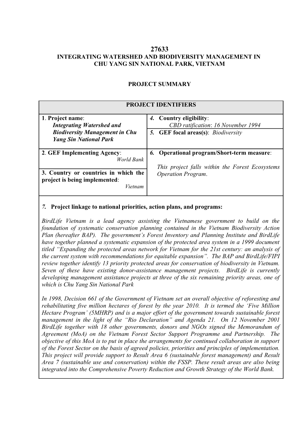 Integrating Watershed and Biodiversity Management In