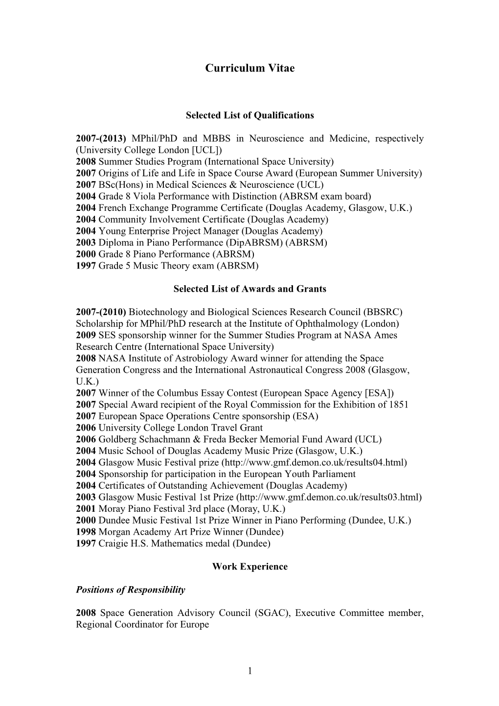 Selected List of Qualifications