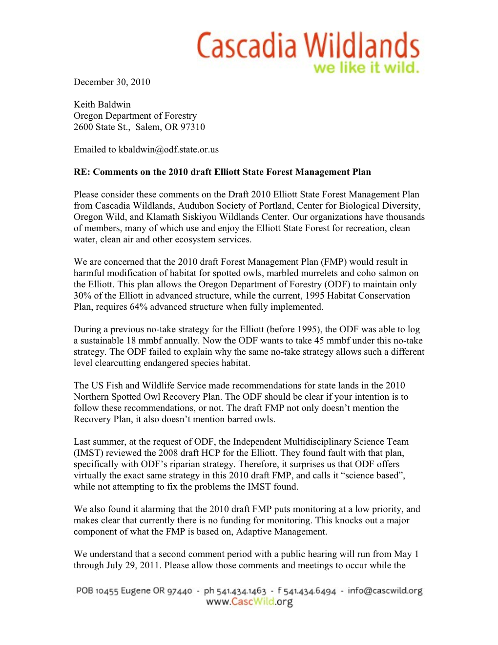 RE: Comments on the 2010 Draft Elliott State Forest Management Plan