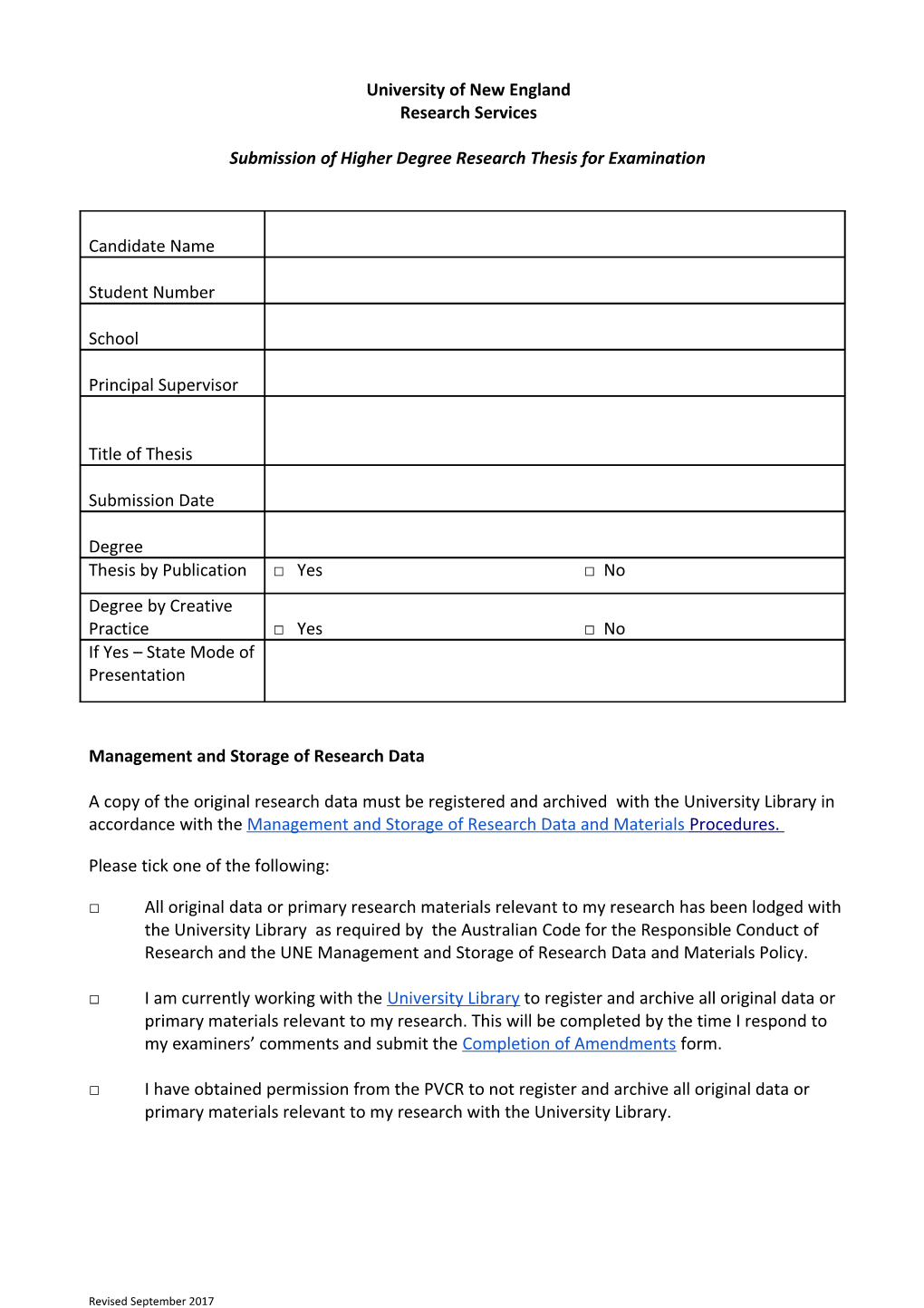 Submission of Higher Degree Research Thesis for Examination