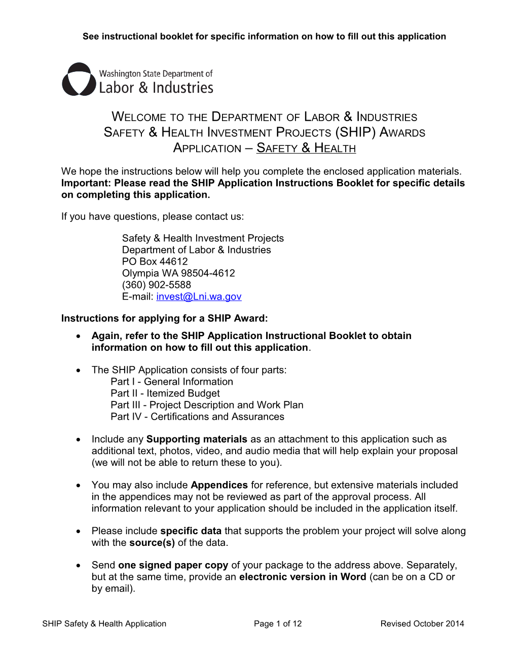 L&I Safety & Health SHIP Grant Application