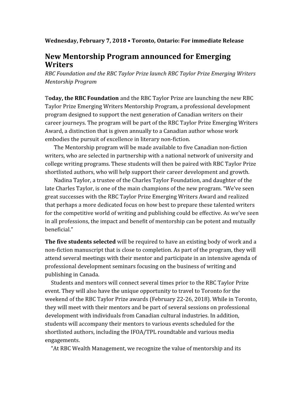 New Mentorship Program Announced for Emerging Writers