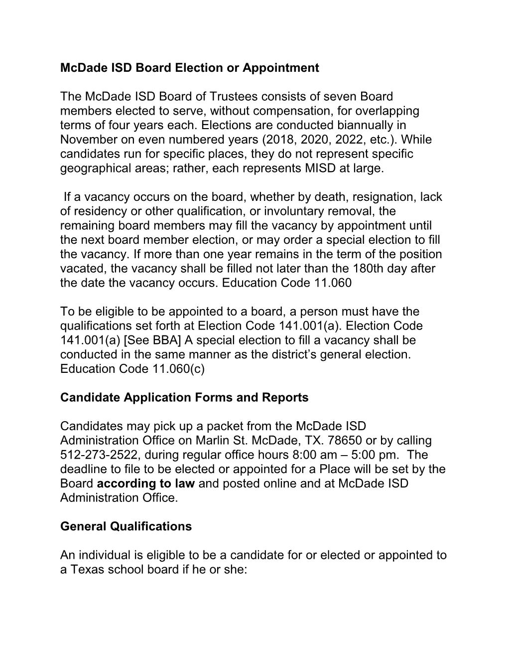 Mcdade ISD Board Election Or Appointment