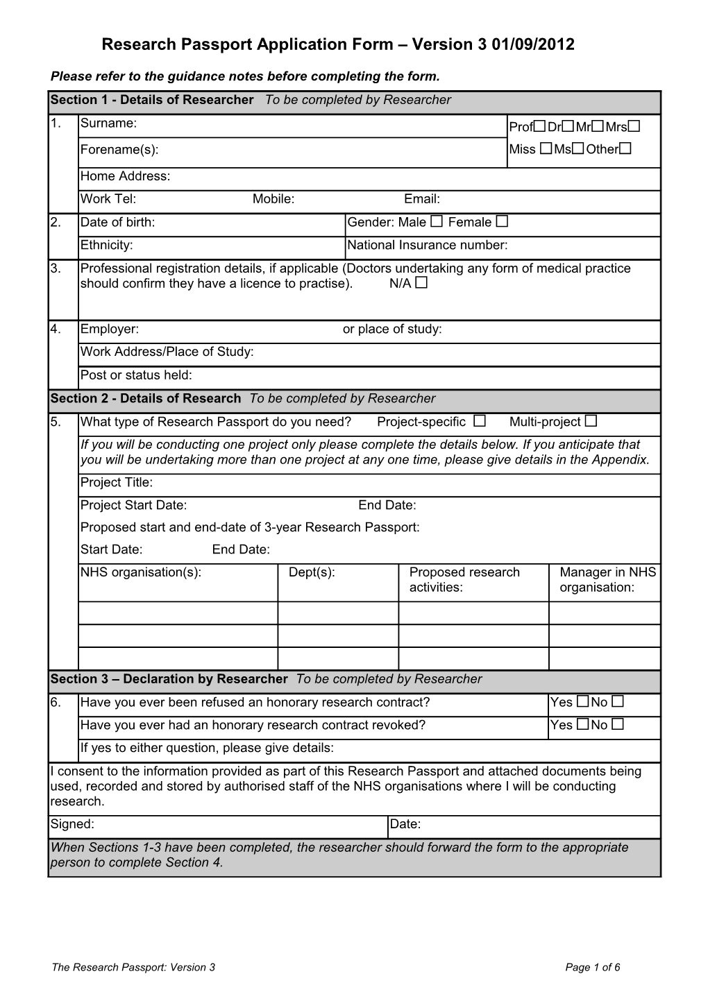 Research Passport Application Form