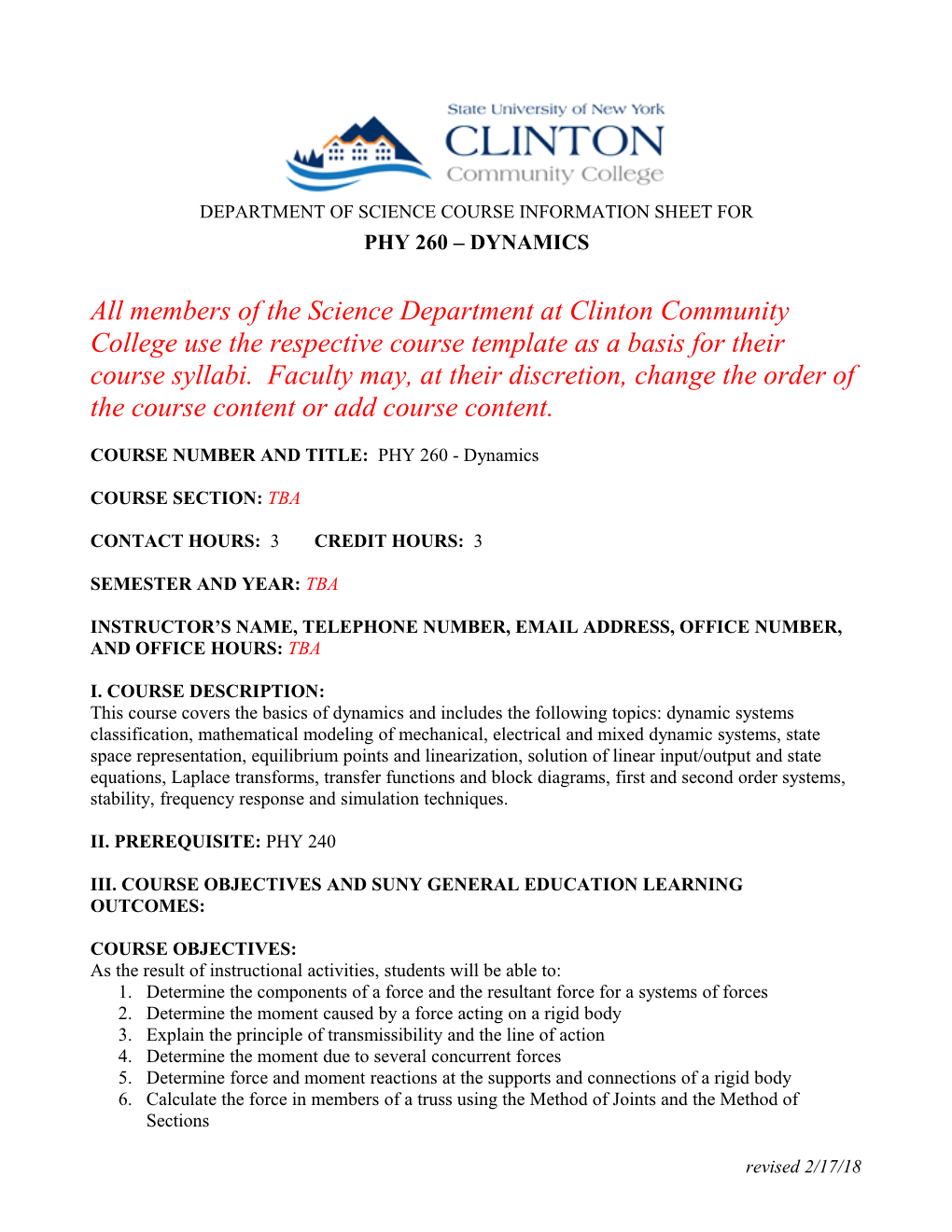 Department of Science Course Information Sheet For