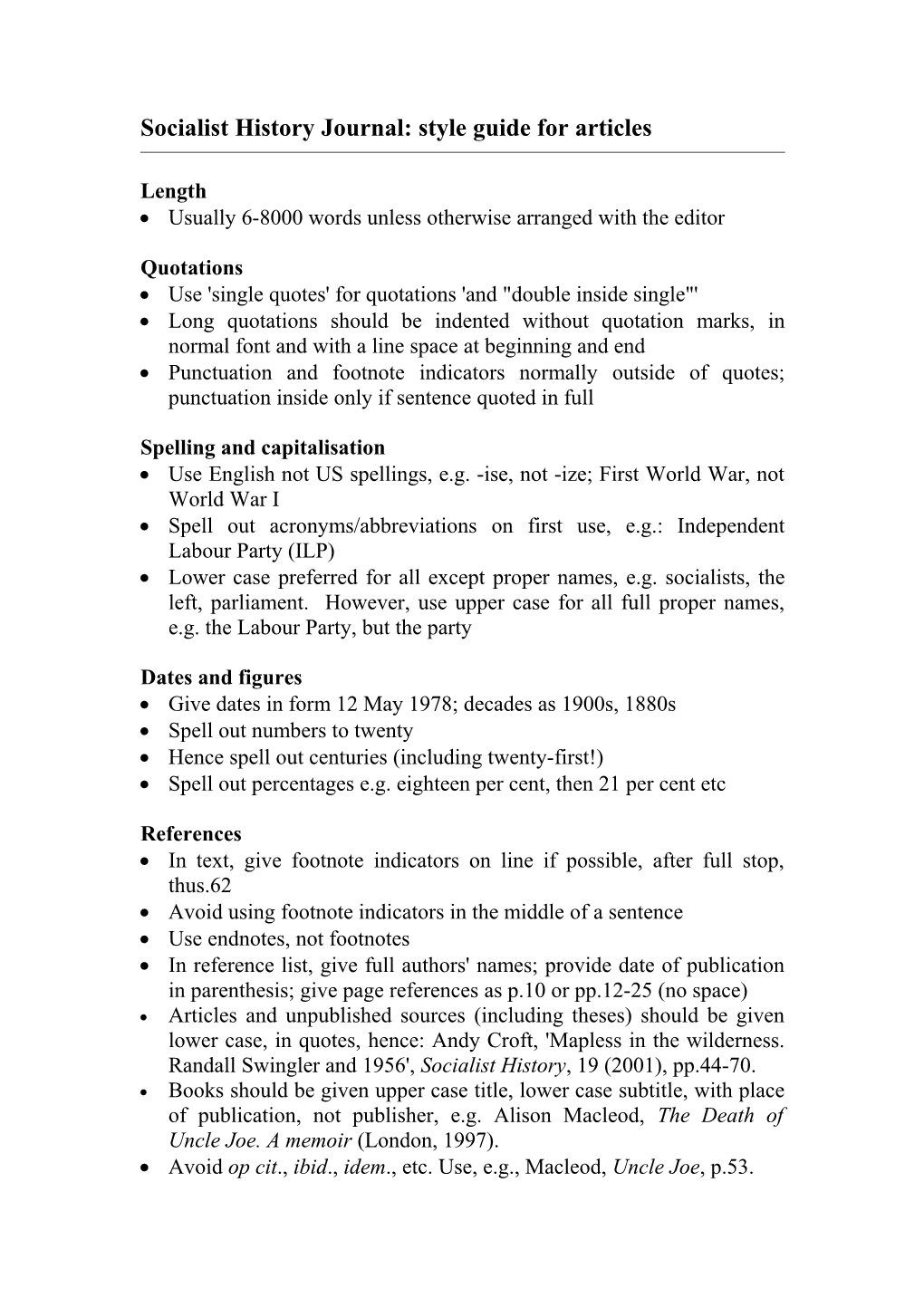 Socialist History Journal: Style Guide for Articles