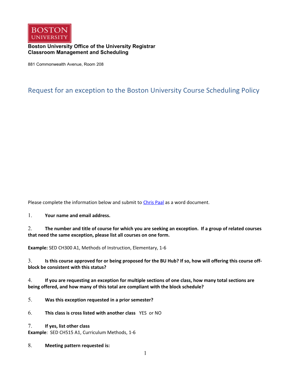 Request for an Exception to the Boston University Course Scheduling Policy