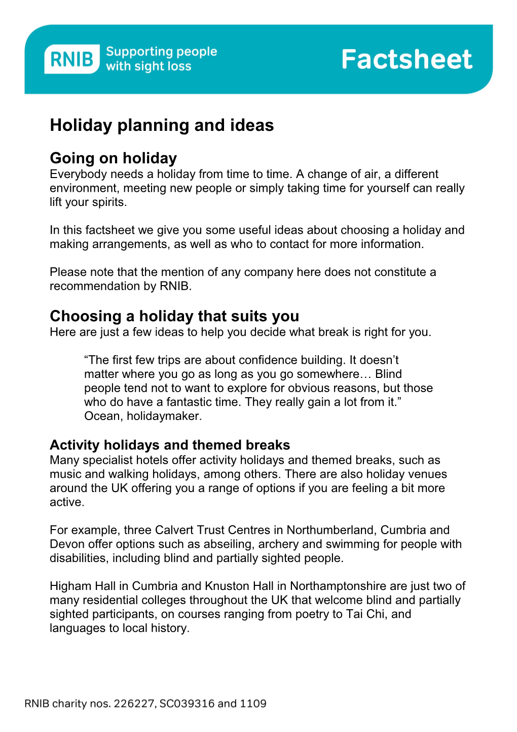 Holidays - Planning and Ideas Factsheet