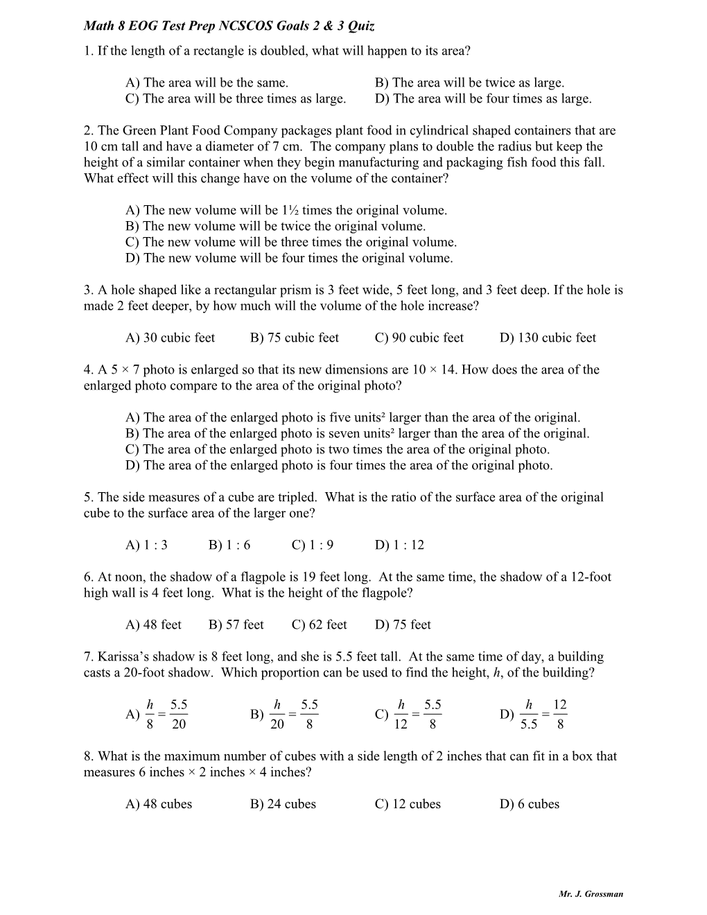 Math 8 EOG Test Prep NCSCOS Goals 2 & 3 Quiz