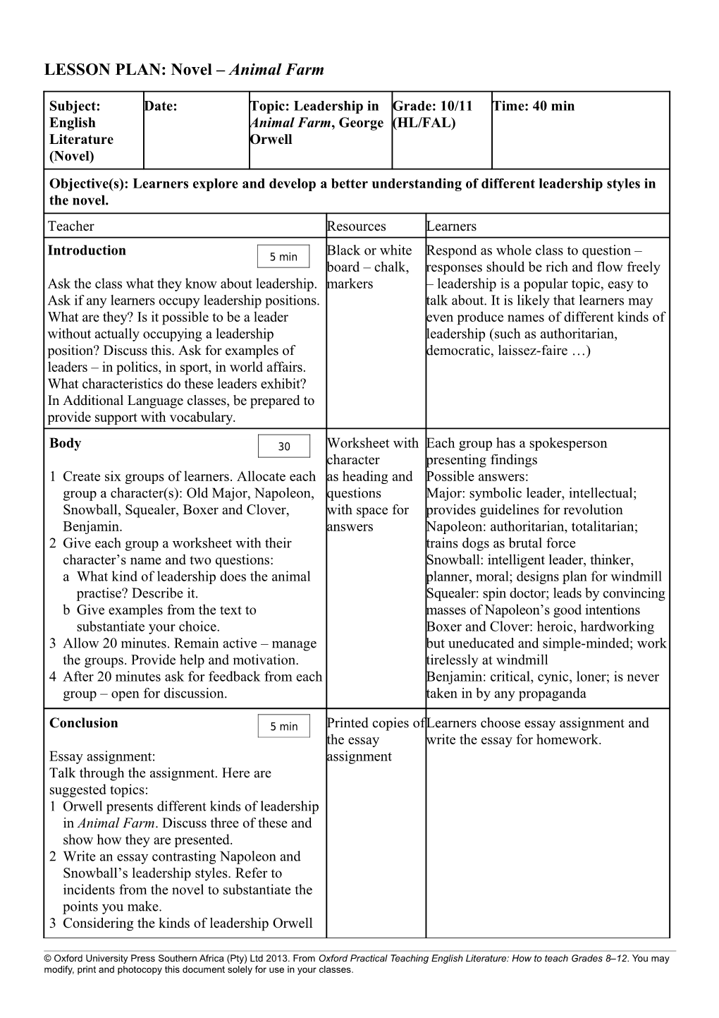 LESSON PLAN: Novel Animal Farm