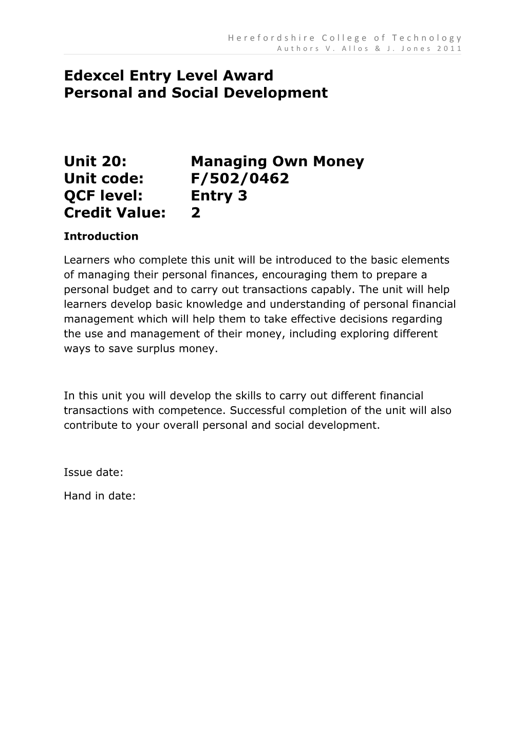 Unit 20 - Managing Own Money - Herefordshire College of Technology