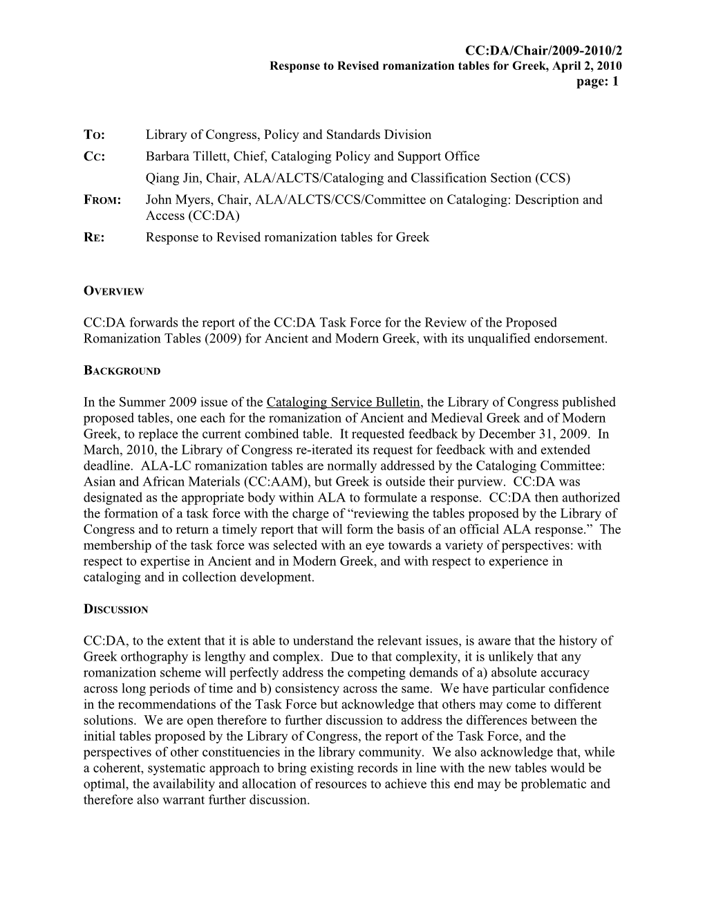 Response to Revised Romanization Tables for Greek, April 2, 2010