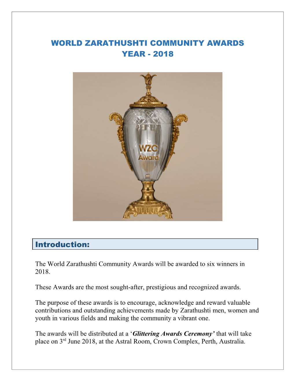 The World Zarathushti Community Awards Will Be Awarded to Six Winners in 2018