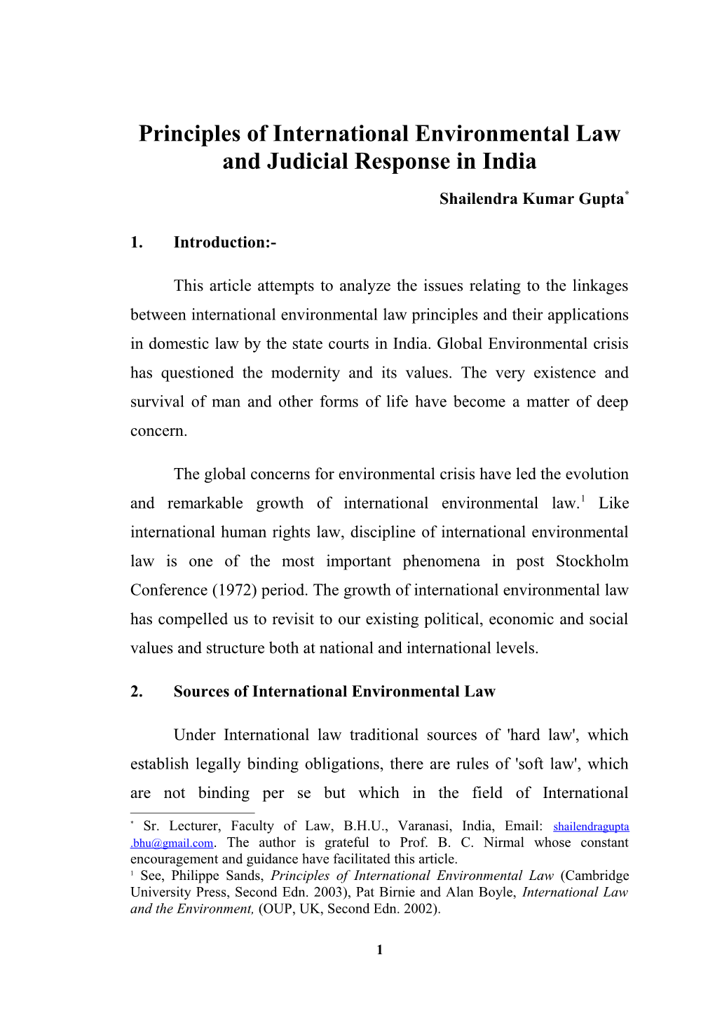 Principles of Int'l Envt'l Law and Judicial Response in India
