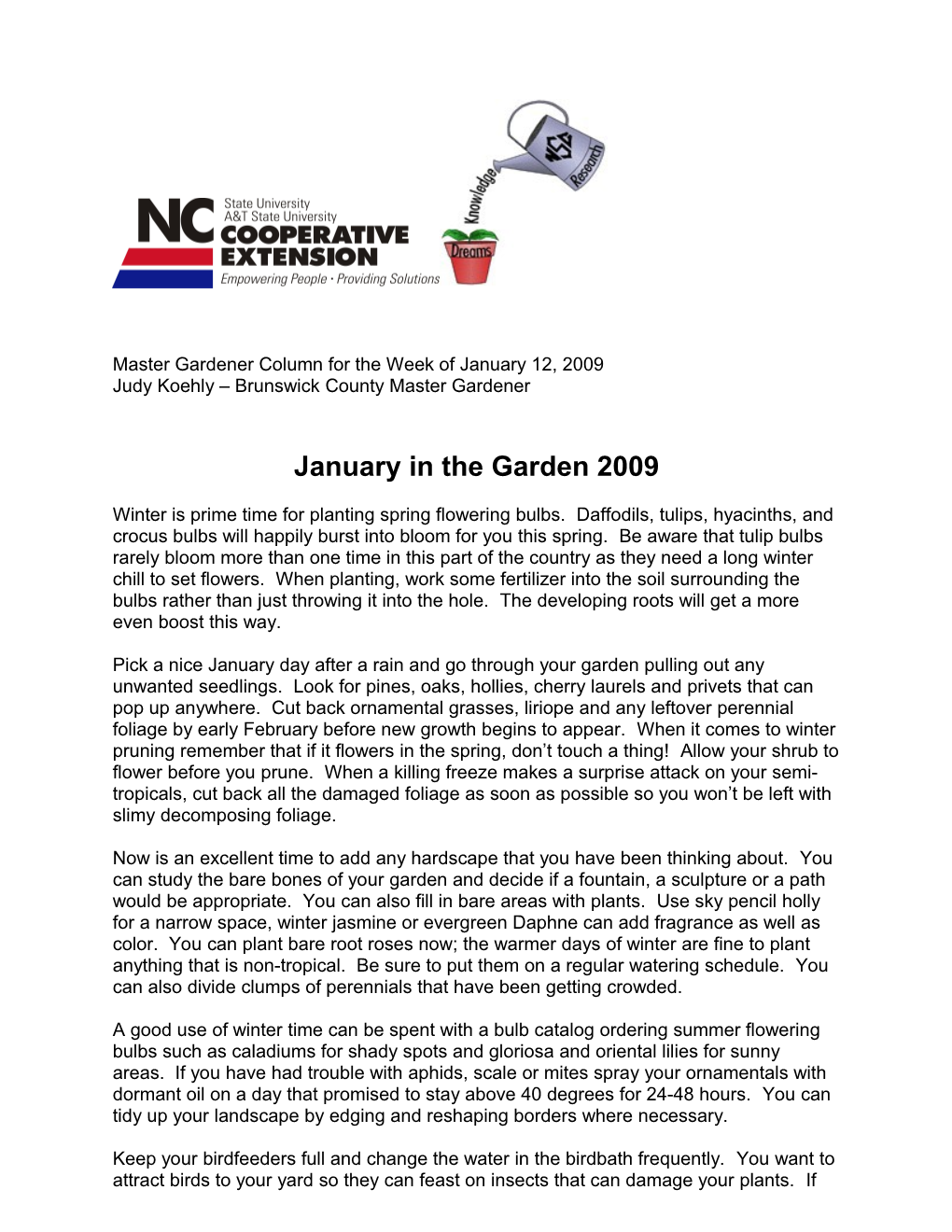 Master Gardener Column for the Week of January 12, 2009