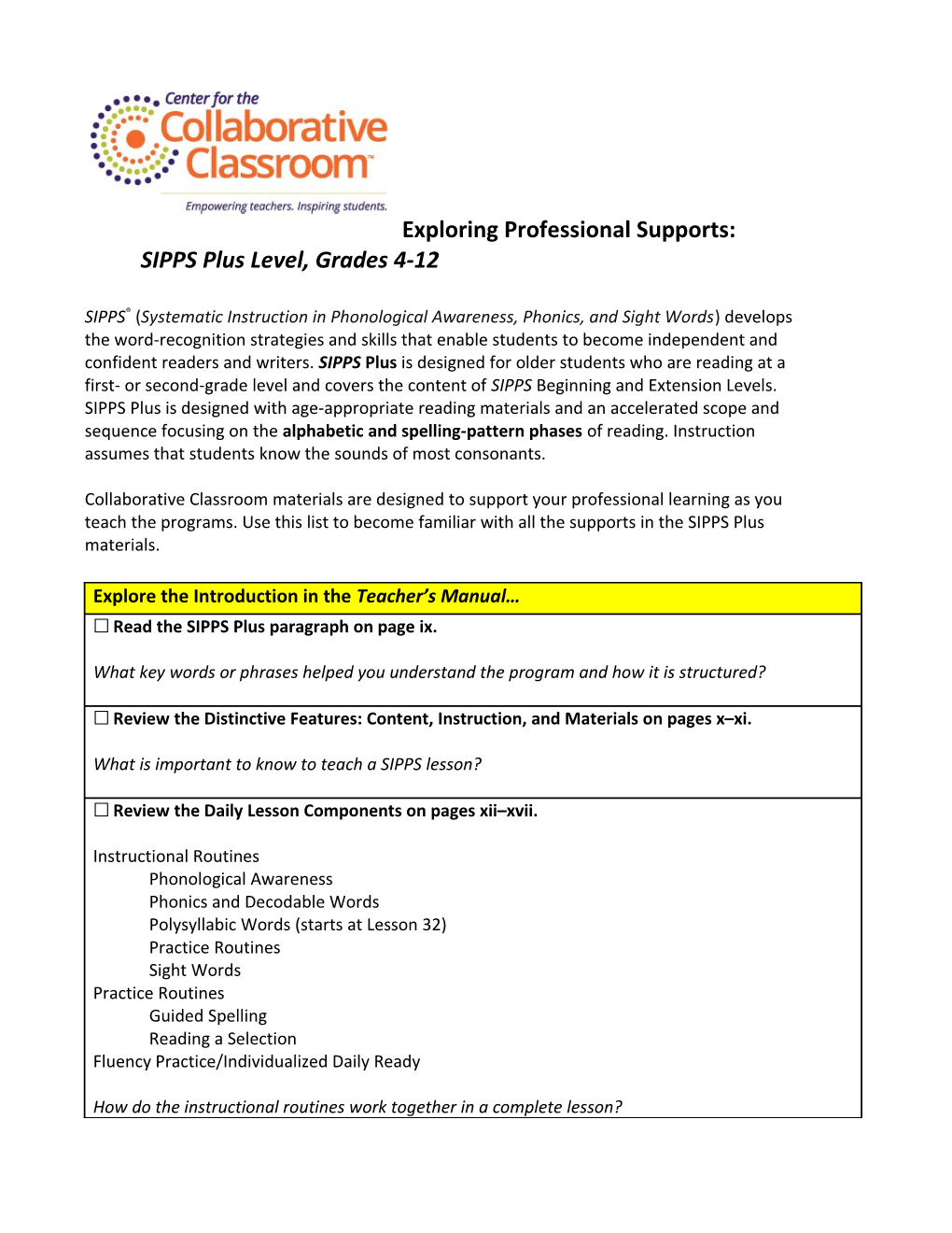 Exploring Professional Supports: SIPPS Plus Level, Grades 4-12