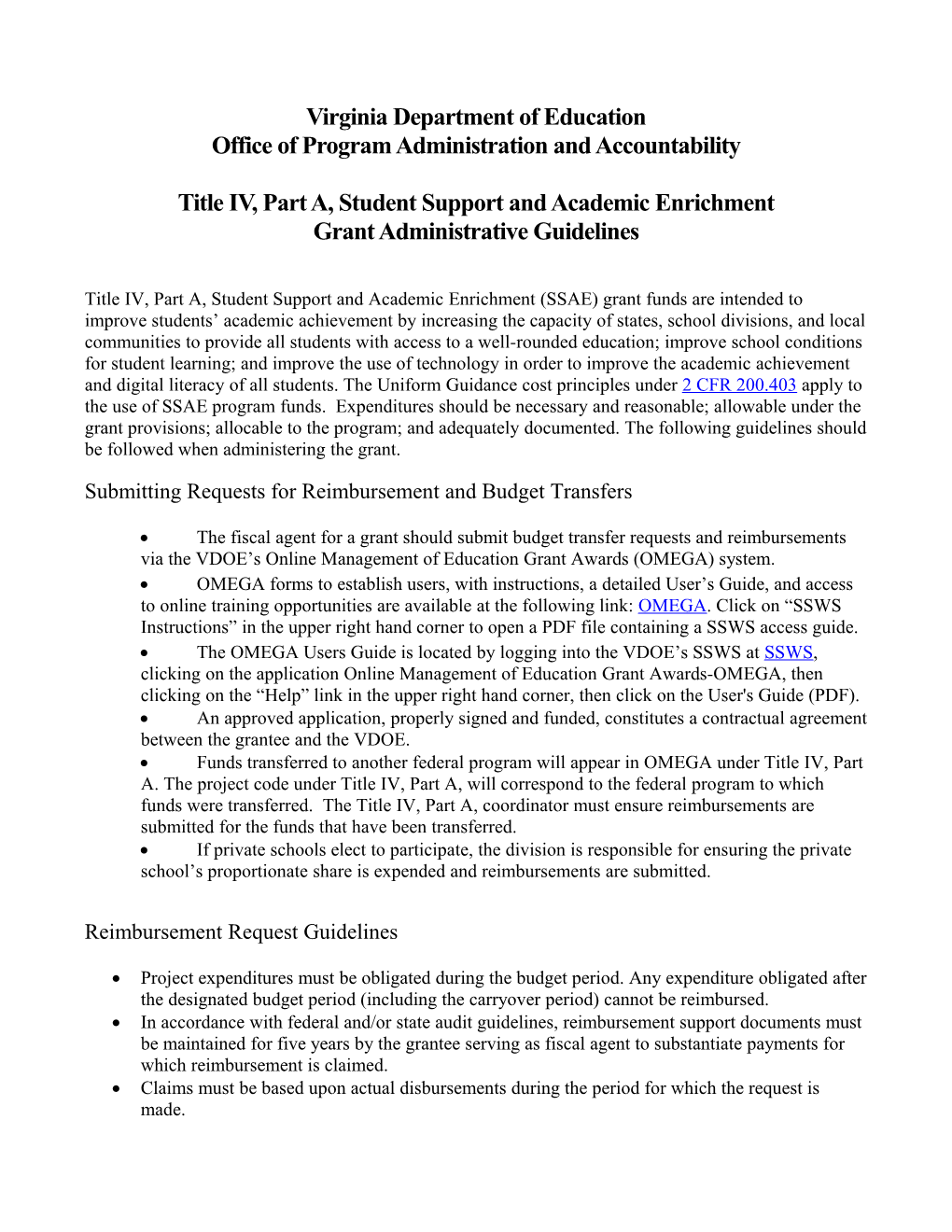 Title IV, Part A, Student Support and Academic Enrichment Administrative Guidelines