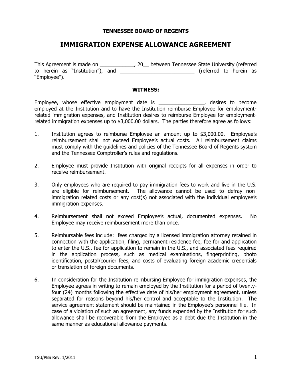 Immigration Expense Allowance Agreement