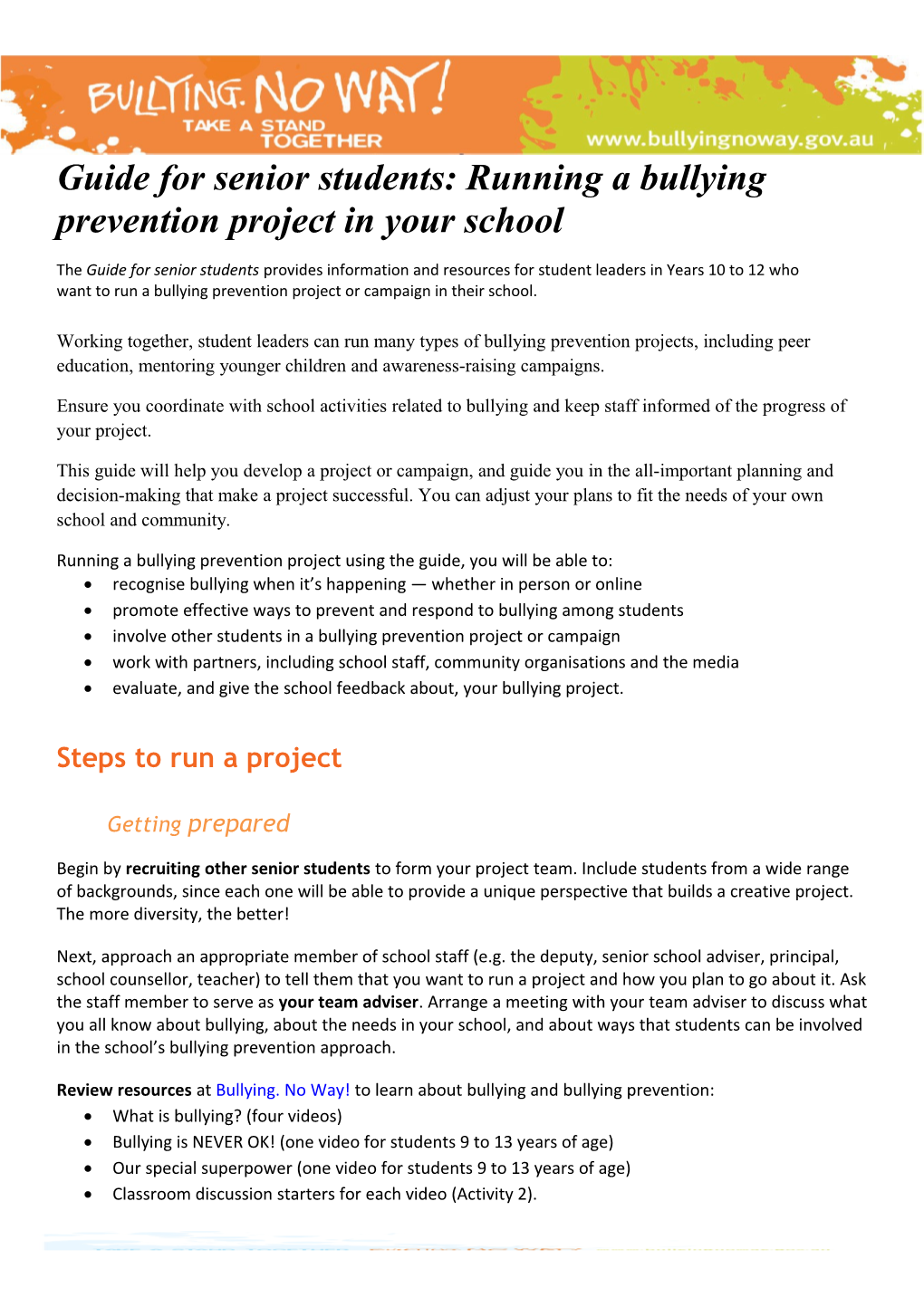 Guide for Senior Students: Running a Bullying Prevention Project in Your School