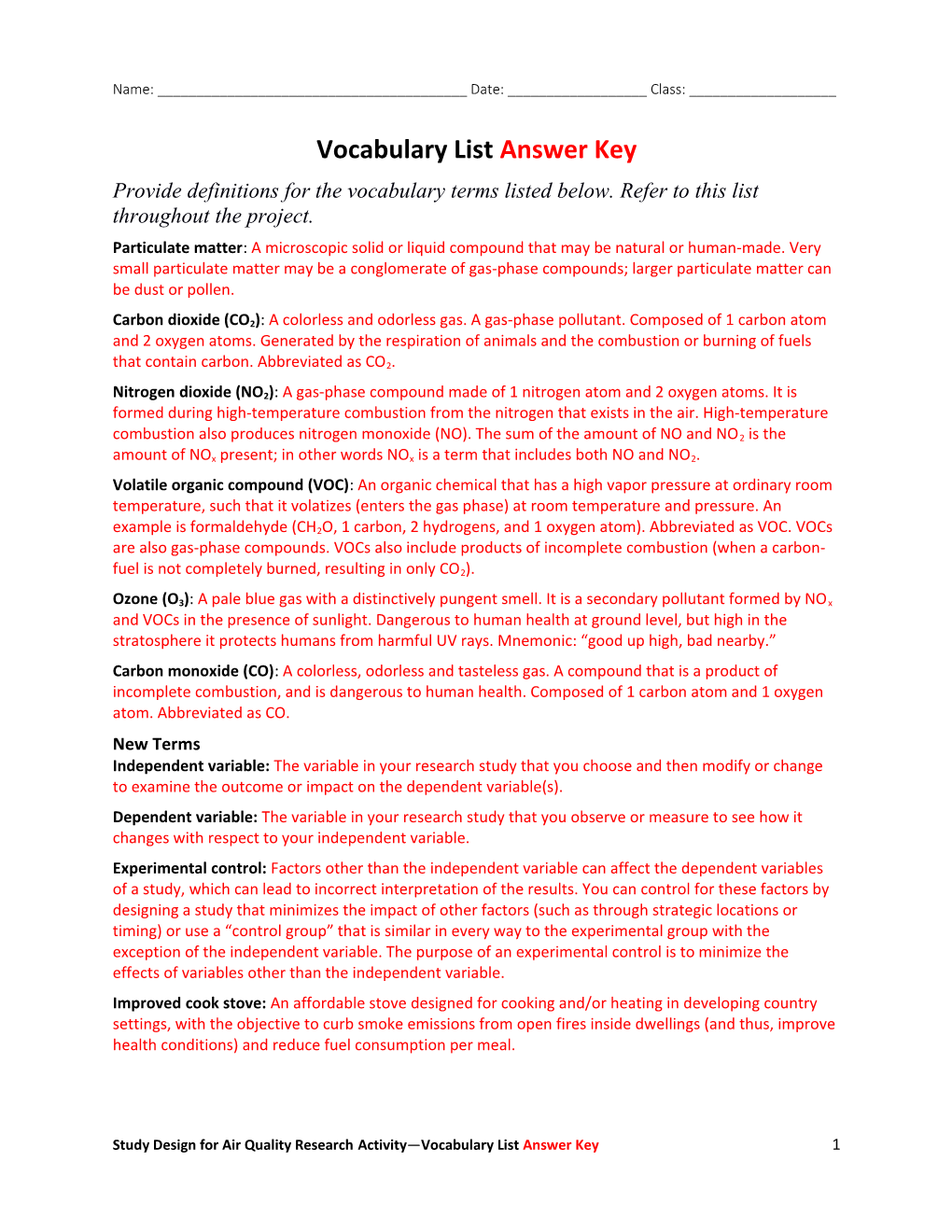 Vocabulary Listanswer Key
