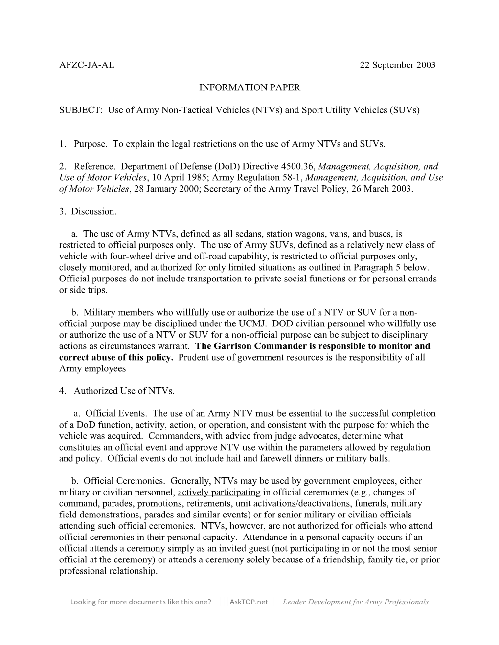 SUBJECT: Use of Army Non-Tactical Vehicles (Ntvs) and Sport Utility Vehicles (Suvs)