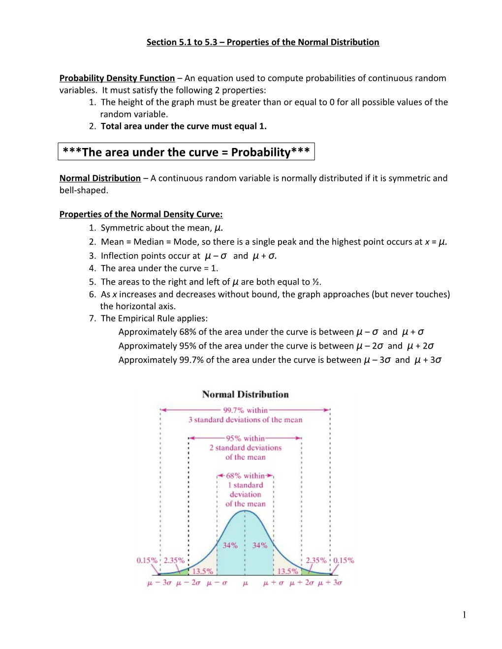 Section 5.1 to 5.3 Properties of the Normal Distribution