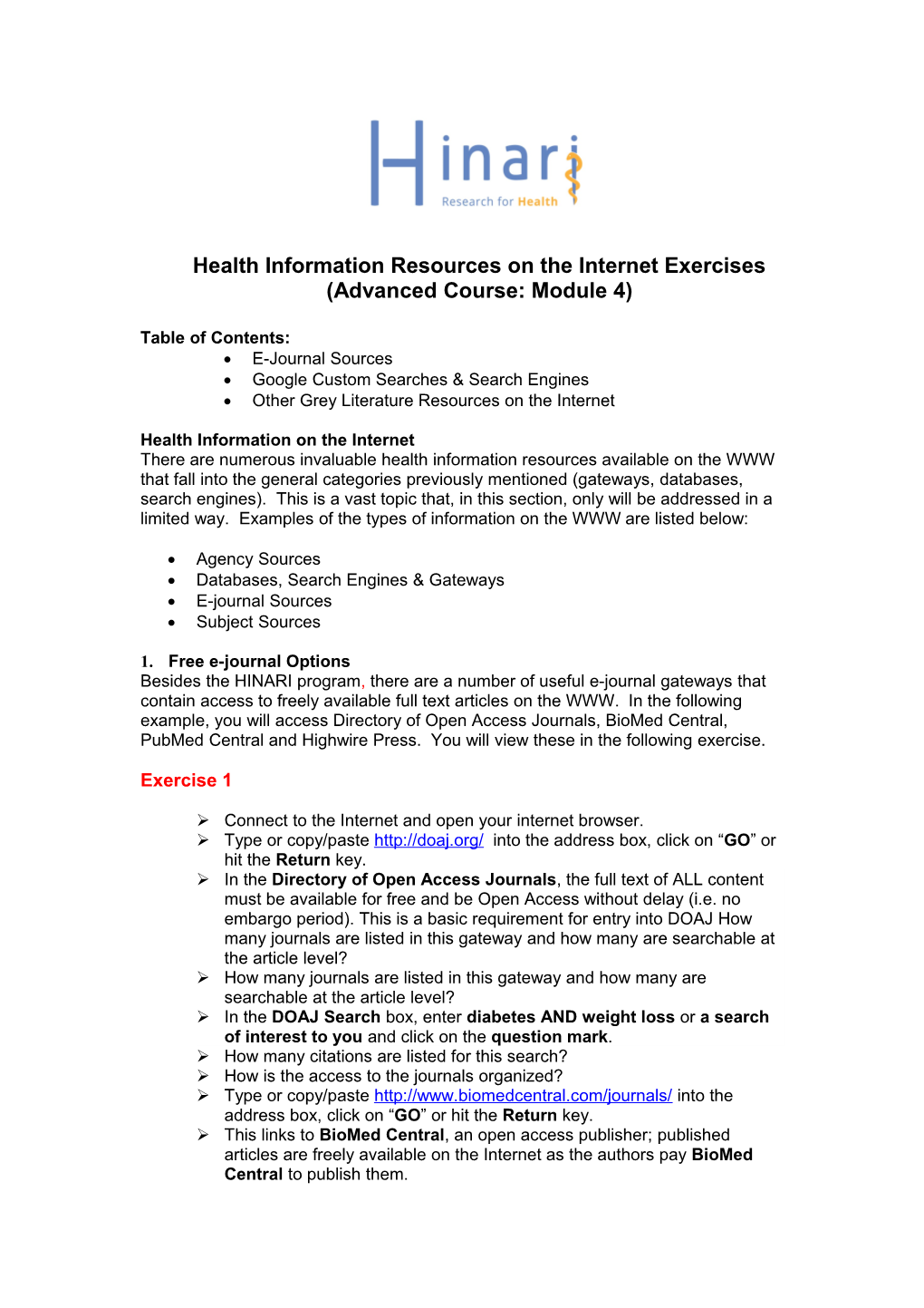 Health Information Resources on the Internet Exercises
