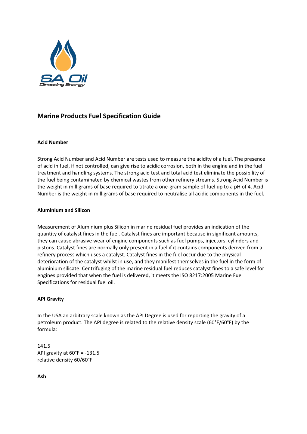 Marine Products Fuel Specification Guide
