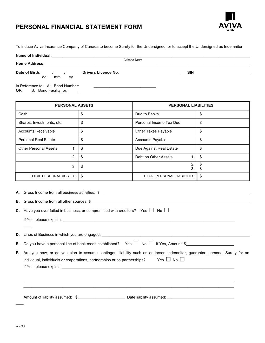 Personal Financial Statement Form