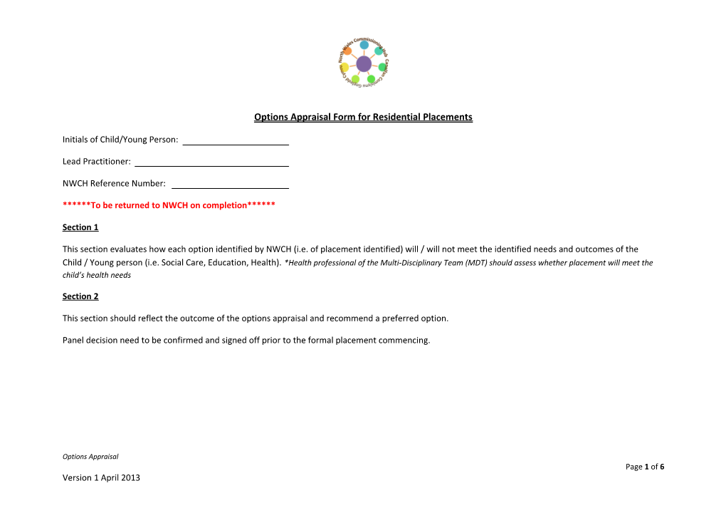 Options Appraisal Form for Residential Placements