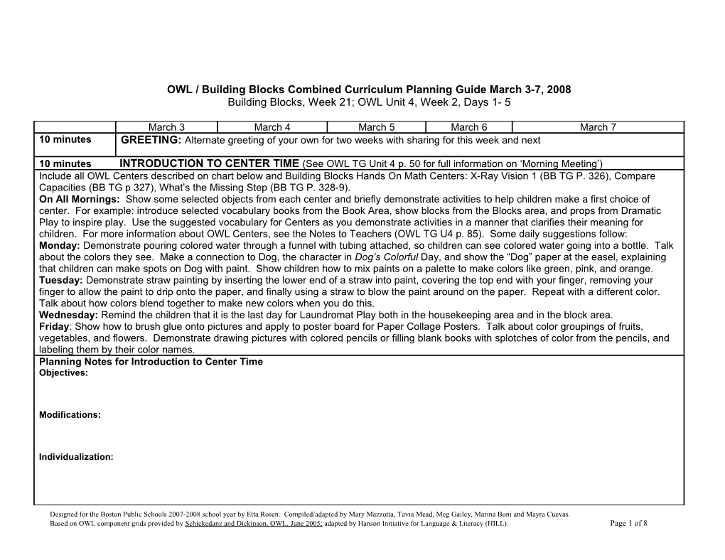 OWL / Building Blocks Combined Curriculum Planning Guide March 3-7, 2008