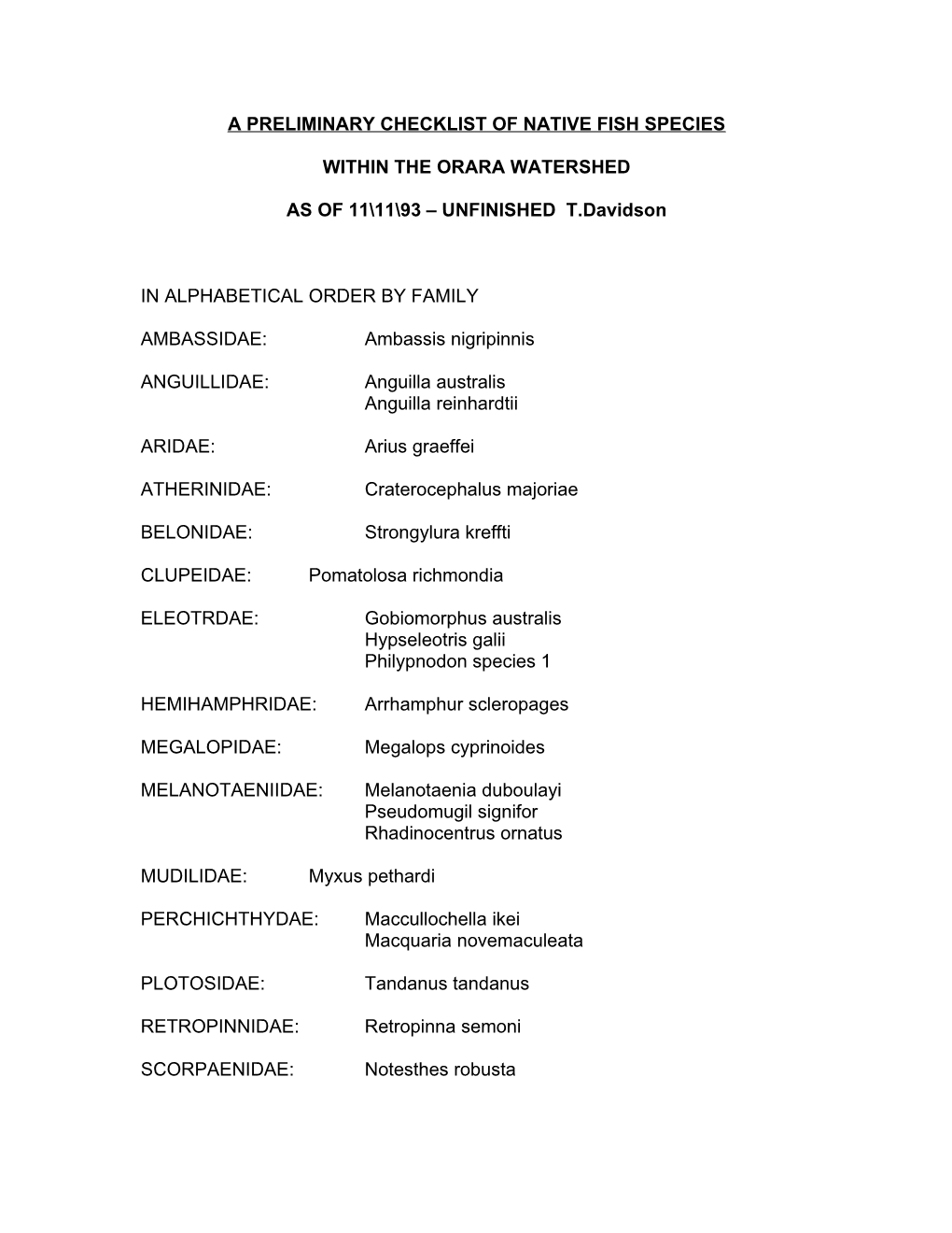 A Preliminary Checklist of Native Fish Species