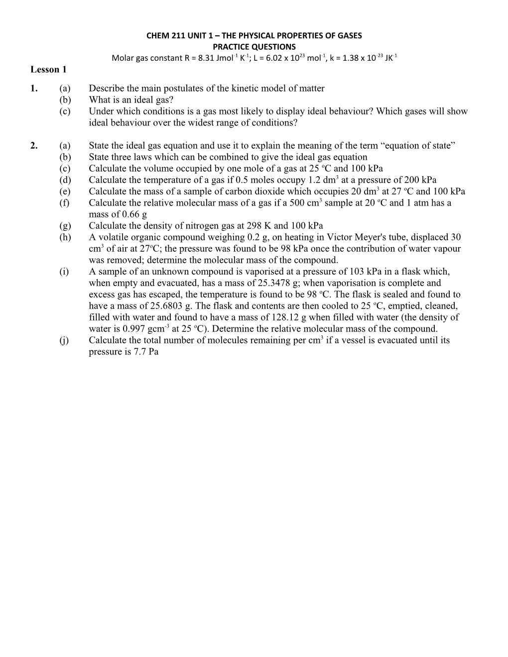 Chem 211 Unit 1 the Physical Properties of Gases