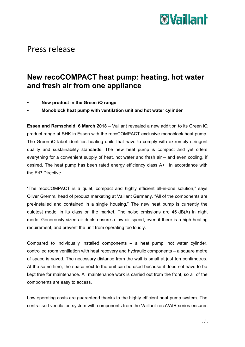 New Recocompact Heat Pump: Heating, Hot Water and Fresh Air from One Appliance