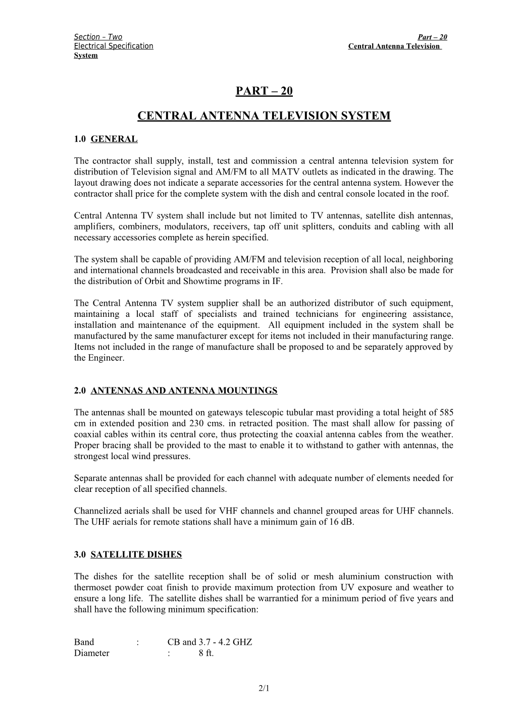 Electrical Specification Central Antenna Television System