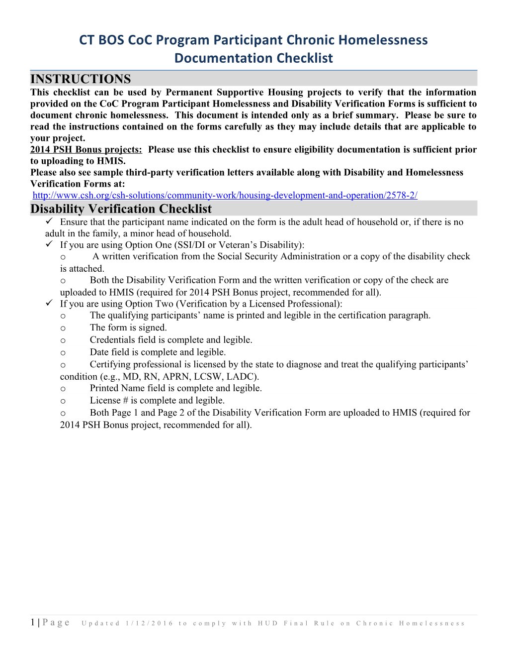 CT BOS Coc Program Participant Chronic Homelessness Documentation Checklist