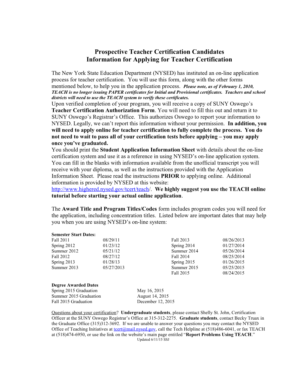 Information When Applying for Teacher Certification