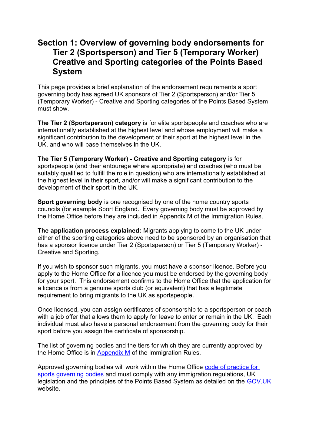 Section 1: Overview of Governing Body Endorsements for Tier 2 (Sportsperson) and Tier 5