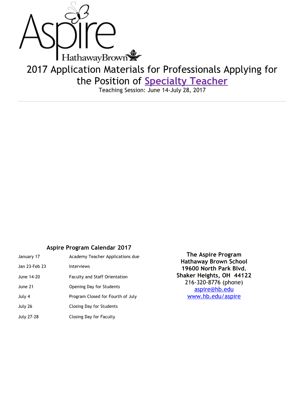 2017 Application Materials for Professionals Applying for the Position of Specialty Teacher